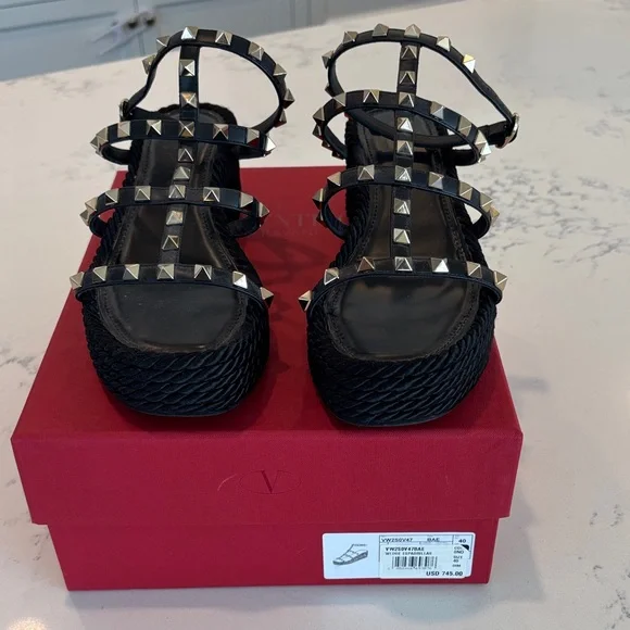 Valentino Black Pyramid-Stud Wedge Sandals 40 - Picture 1 of 9
